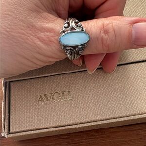 Vintage Avon Sterling Silver Filigree Blue Mother of Pearl Ring SIZE 10 316